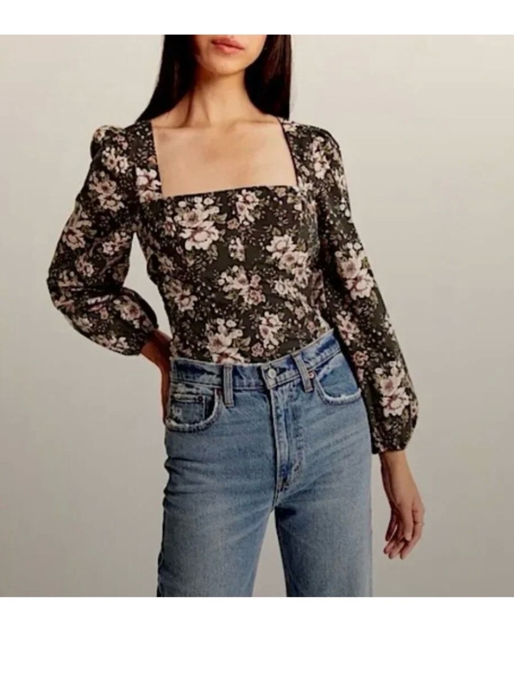 Abercrombie & Fitch Black Floral Square-Neck Puff Sleeve Top Size Medium